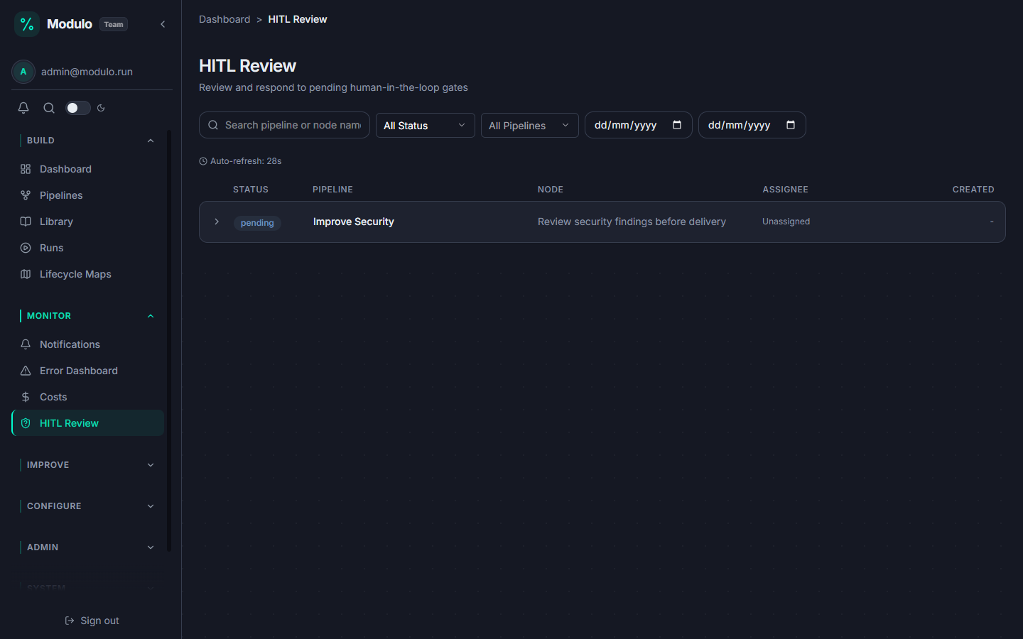 The HITL review queue showing a pending human-in-the-loop gate for the Improve Security pipeline, with labeled columns for status, pipeline, node, assignee, and created